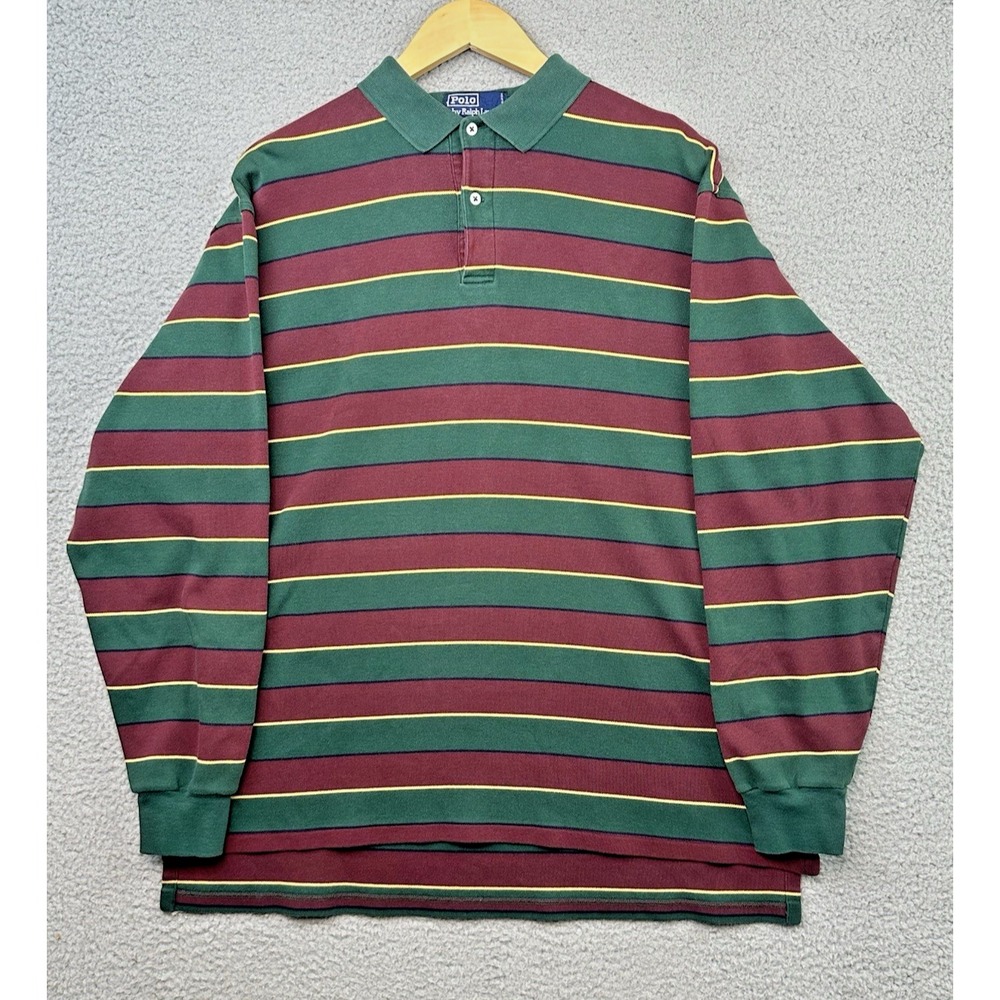 Vintage Polo Ralph Lauren Polo Shirt Mens Large Green Burgundy Striped 90s